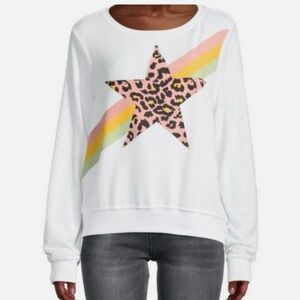 NWT WILDFOX White Sweatshirt with Leopard Star and Pastel Rainbow